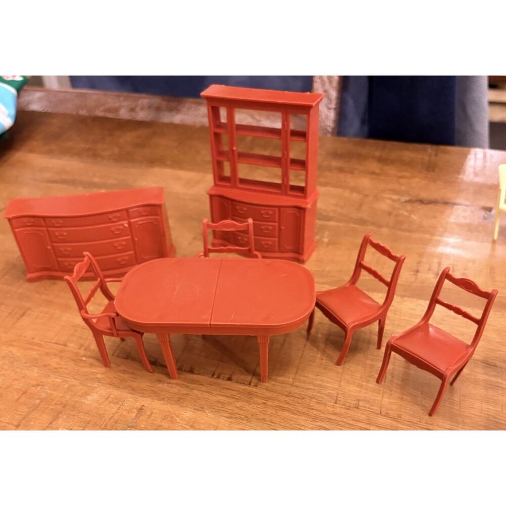 Marx Marxie Mansion 7 Dining Room Table Chairs Hutch Buffet 1:16 Dollhouse red